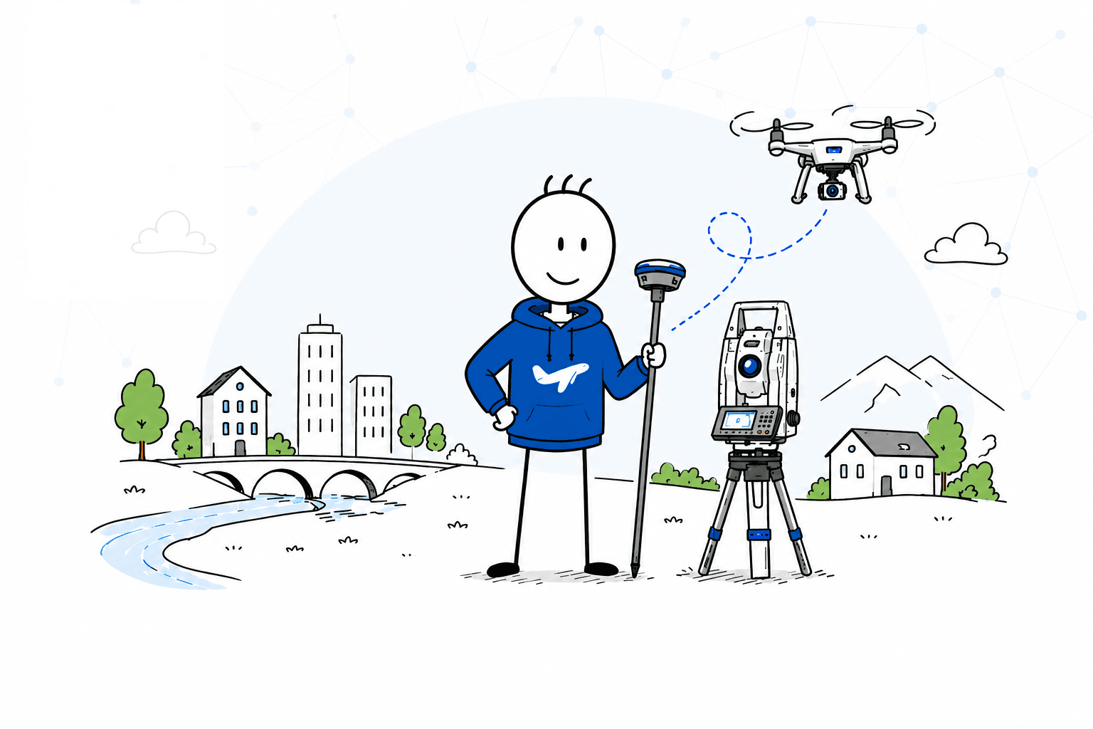 Vermessungstechniker mit Drohne und Totalstation